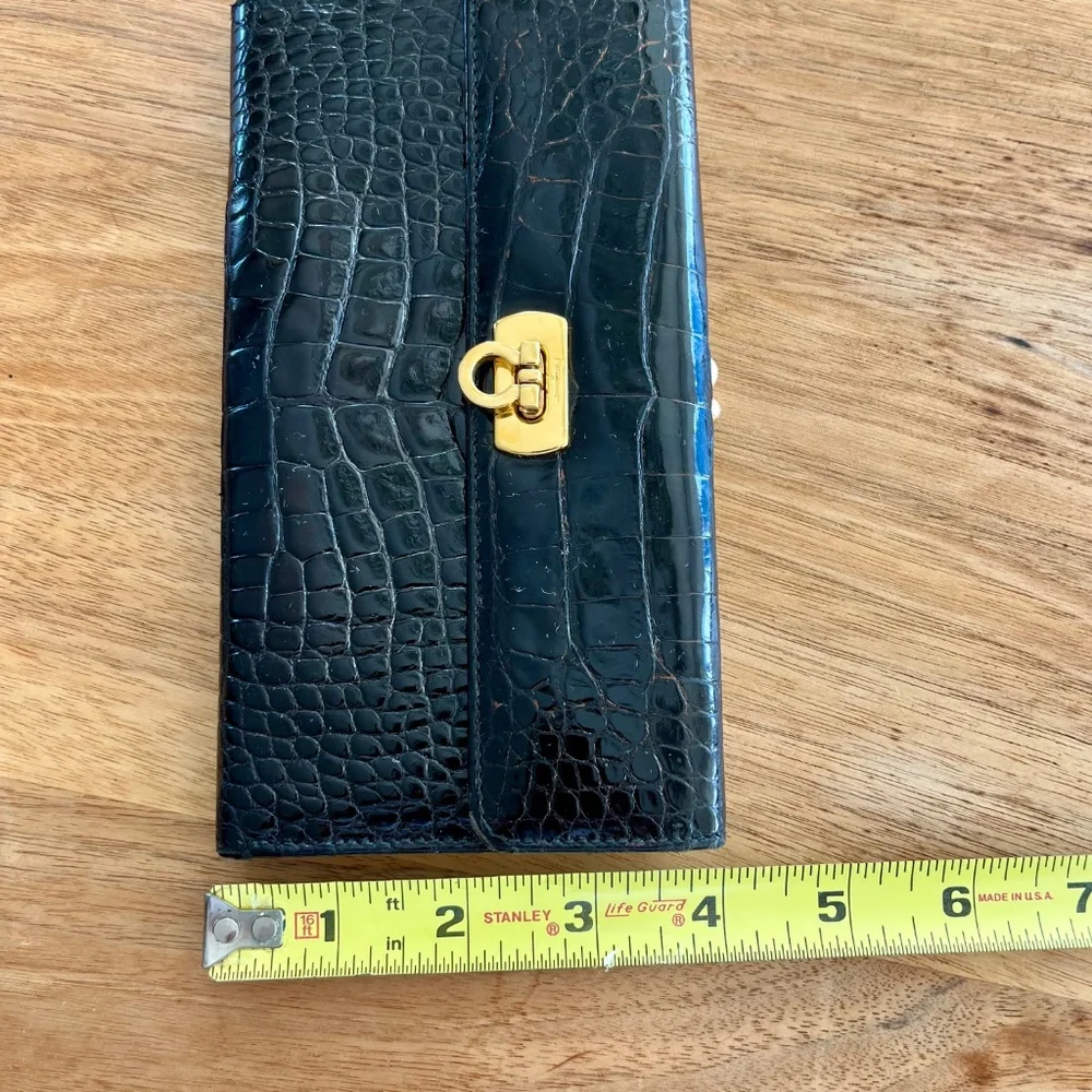 Salvatore Ferragamo Black Croc Embossed Leather Wallet with Gold Tone Hardware